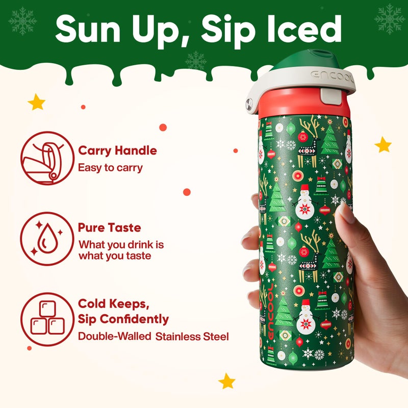 ENCOOL Christmas Insulated Water Bottle with Straw - Leak Proof Stainless Steel Water Bottle for School, Travel, Keeps Cold All Day, One-Touch Flip Lid, Holiday Gifts For Women Men, 24 oz, Frosty Forest - Image 3