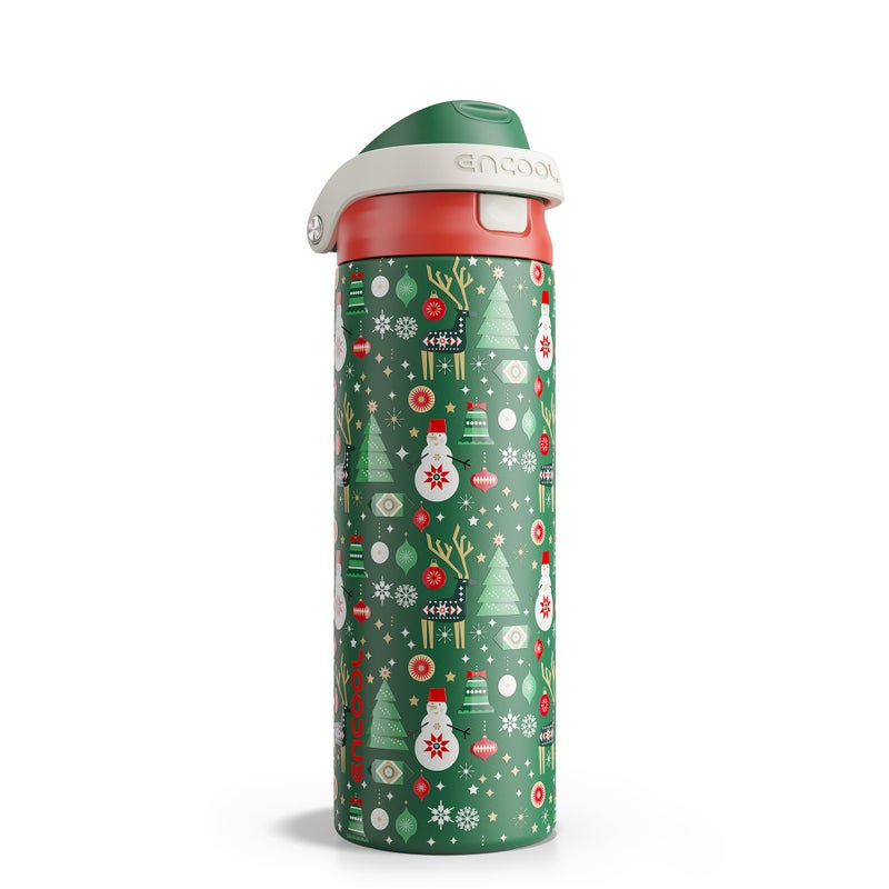 ENCOOL Christmas Insulated Water Bottle with Straw - Leak Proof Stainless Steel Water Bottle for School, Travel, Keeps Cold All Day, One-Touch Flip Lid, Holiday Gifts For Women Men, 24 oz, Frosty Forest - Image 1