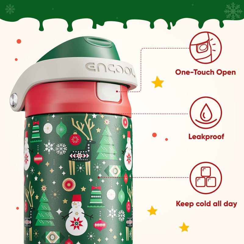 ENCOOL Christmas Insulated Water Bottle with Straw - Leak Proof Stainless Steel Water Bottle for School, Travel, Keeps Cold All Day, One-Touch Flip Lid, Holiday Gifts For Women Men, 24 oz, Frosty Forest - Image 4