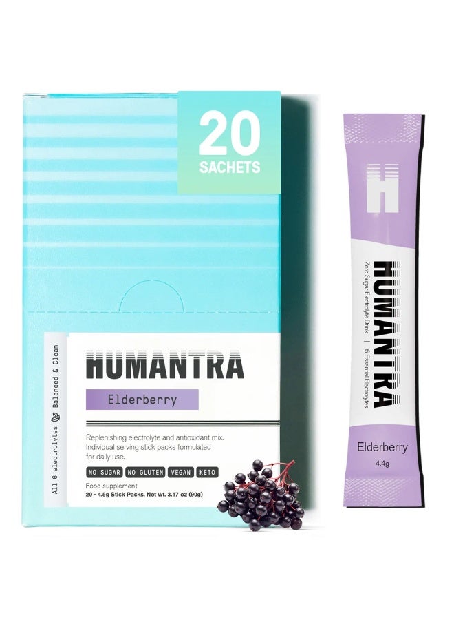 Humantra Electrolyte - sugar-free hydration powder, vegan , keto, six essential electrolytes, no aftertaste, and supports optimal gut health ( 20x4.5g Sachets)-Elderberry - Image 1