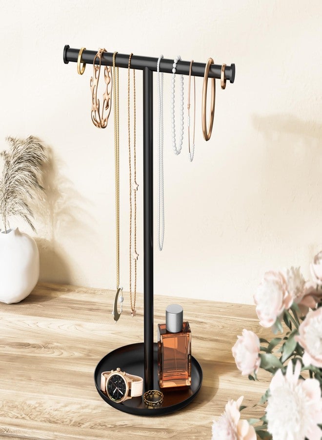 Jasopaco Necklace Organizer Stand with Storage Tray - 12.6" Tall T-Shaped Jewelry Holder Stand for Bracelets, Earrings, Rings | Stylish Home & Vanity Décor for Women, Black. - Image 1