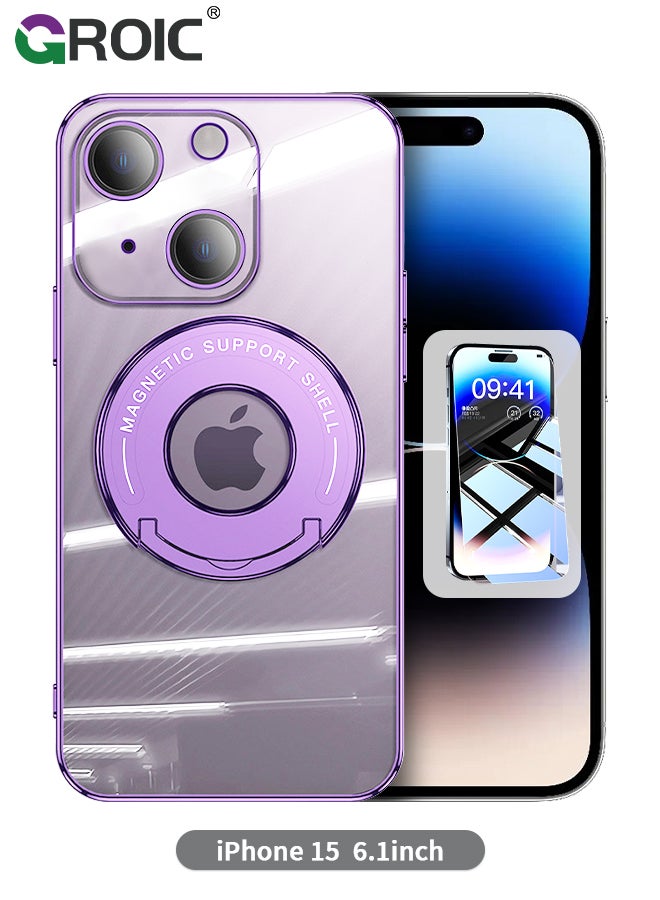 GROIC Case for iPhone 15 6.1 Inch Case with HD Tempered Glass Film, Invisibility Magnetic Ring Holder Kickstand, Ring Stand Magnetic Shockproof Phone Case for Phone Compatible with Magsafe - Image 1