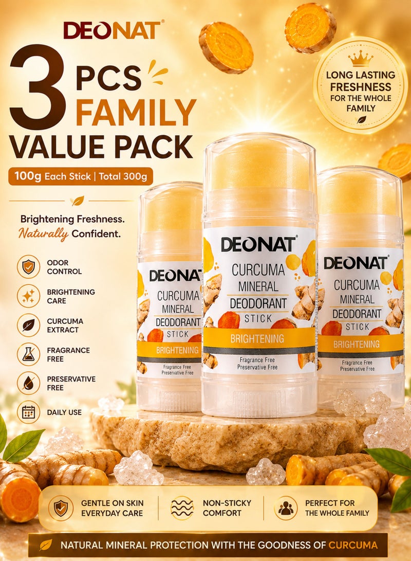 DEONAT Pack of 3 DEONAT Curcuma Mineral Deodorant Stick 100g Each Total 300g Family Value Pack Natural Mineral Deodorant With Curcuma Extract Preservative Free Aluminum Chlorohydrate Free - Image 1
