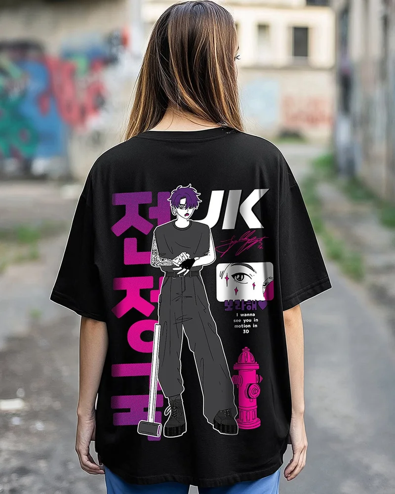 بيواكوف تيشيرت نسائي أسود مطبوع برسومات ثلاثية الأبعاد لفرقة بي تي إس كبير الحجم