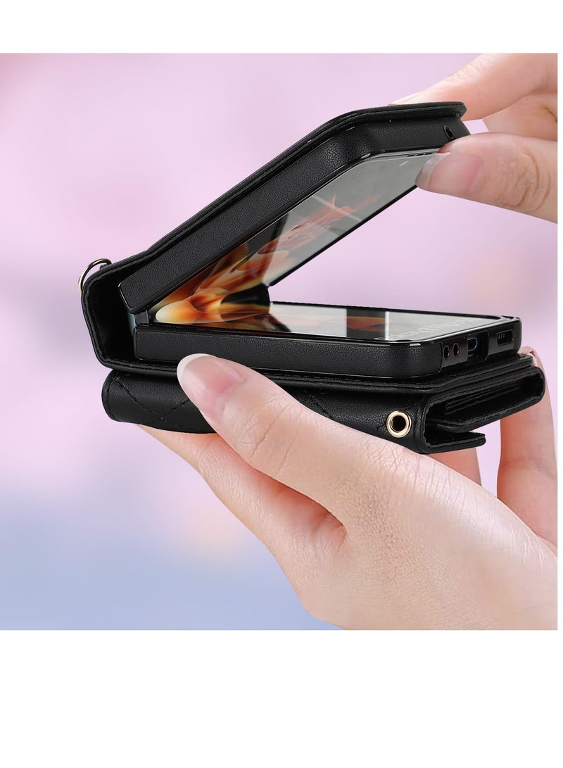 SYOSI Wallet Case for Galaxy Z Flip 5 with Card Holder Crossbody Wallet Leather Handbag RFID Blocking Detachable Lanyard Magnetic Flip Case Compatible with Samsung Galaxy Z Flip 5 5G Black  - Image 2