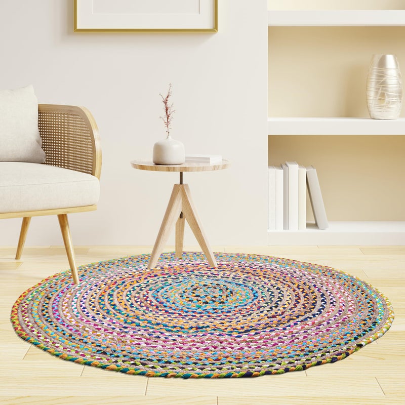 Craft Trade Hand Woven Chindi Jute Rag Rug Multicolor Reversible Jute Area Rug Braided Farmhouse Living Room, Outdoor, Kitchen Bedroom Chindi Rug (3', Round) - Image 1