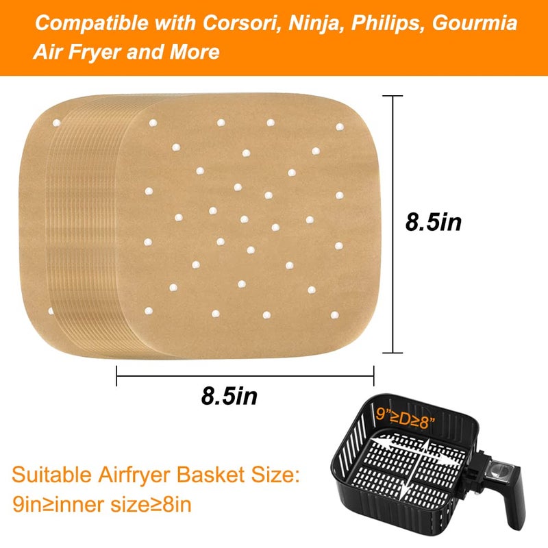 BYKITCHEN Air Fryer Parchment Paper, Set of 200, 8.5 Inch Unbleached Perforated Square Air Fryer Liner Sheets for Airfryer, Steaming Basket and More(7.5/8.5/9.5in Available) - Image 1