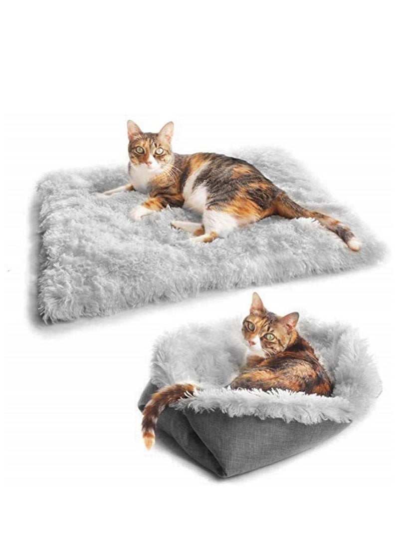 Excefore Furry Self Warming Cat Bed Mat 2 in1 Soft Pet Sleeping Blanket Cushion Bed Pad for Cats Small Dogs Extra Warm Thermal Pet Pad for Indoor Outdoor Pets Gray - Image 1