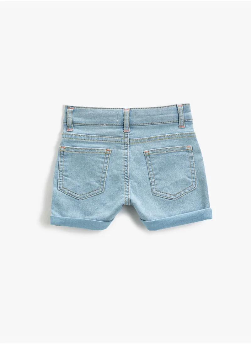 كوتون Slim Jean Shorts Roll-Up Tab Back Pocket Detail