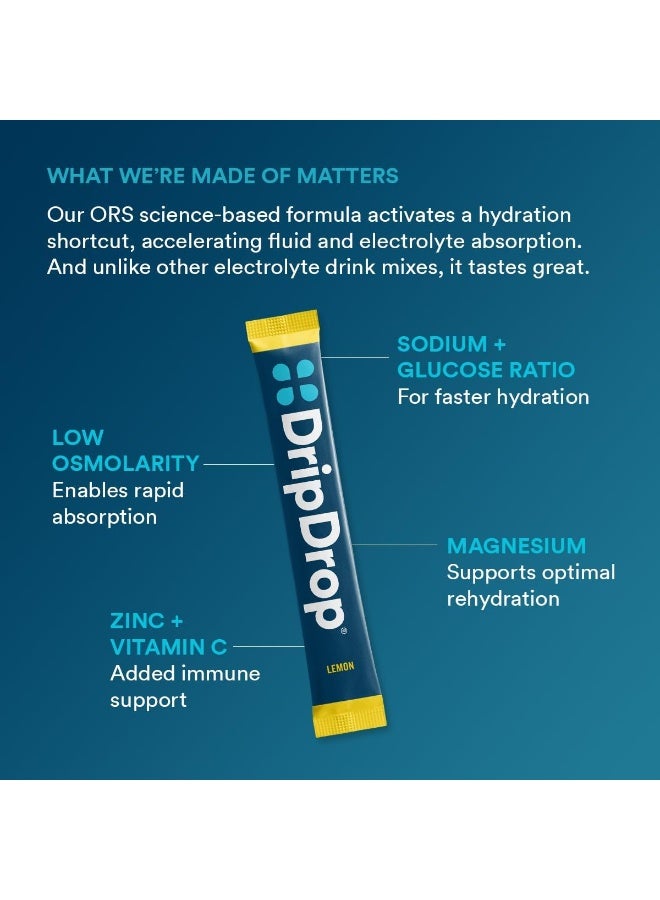 DripDrop ORS â€“ Patented Electrolyte Powder for Dehydration Relief Fast - For Workout, Hangover, Illness, Sweating & Travel Recovery - Lemon - 32 x 8oz Servings - Image 4