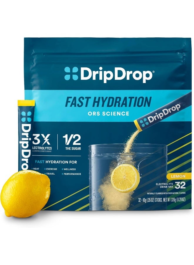 DripDrop ORS â€“ Patented Electrolyte Powder for Dehydration Relief Fast - For Workout, Hangover, Illness, Sweating & Travel Recovery - Lemon - 32 x 8oz Servings - Image 1