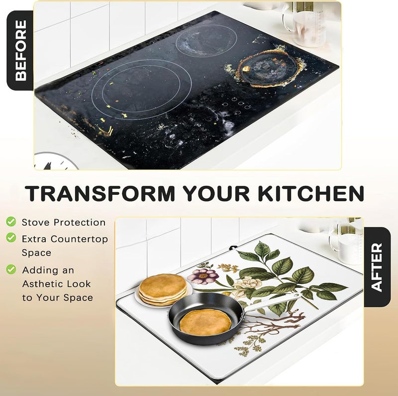 JASAKOO واقي غطاء سط�� الموقد الكهربائي – حصيرة موقد زجاجية مسطحة بزهور عتيقة، حصيرة فرن وحصيرة موقد حثي لأسطح السيراميك، حصيرة مقاومة للحرارة لتجفيف الأطباق - Image 3