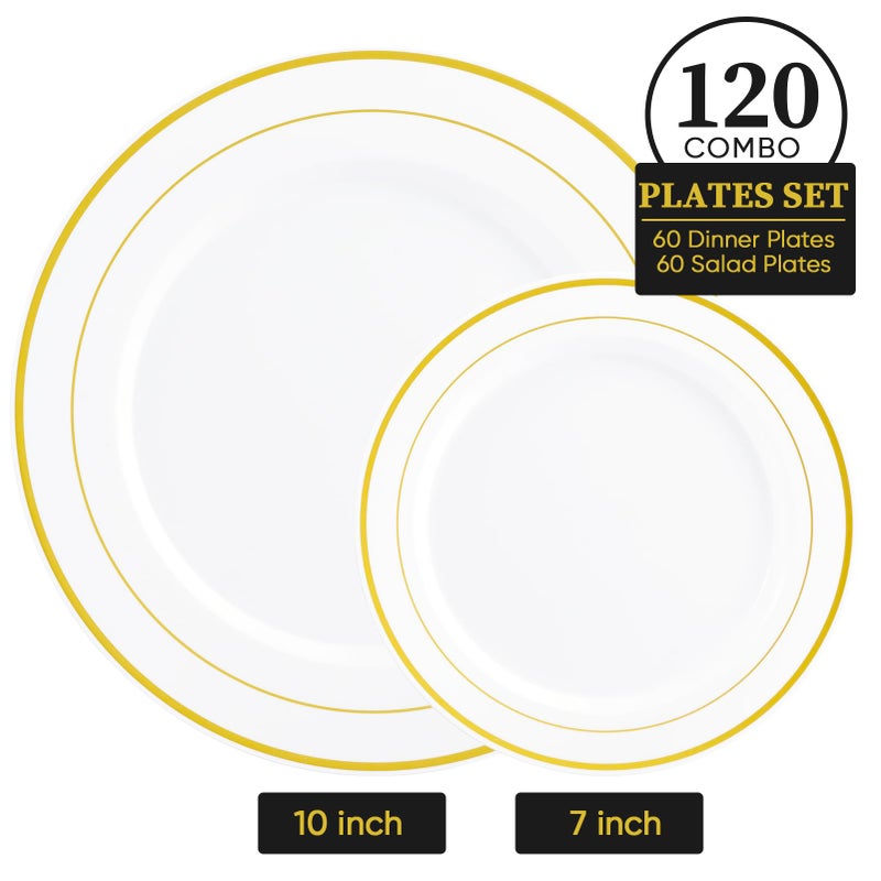 FOCUSLINE 120Pcs Gold Plastic Plates  Disposable White and Gold Rim Plastic Plates  Including 60 10Inch Dinner Plates  60 7Inch Dessert Plates  Elegant Fancy Heavy Duty Wedding Party Plates - Image 2