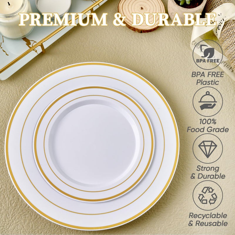 FOCUSLINE 120Pcs Gold Plastic Plates  Disposable White and Gold Rim Plastic Plates  Including 60 10Inch Dinner Plates  60 7Inch Dessert Plates  Elegant Fancy Heavy Duty Wedding Party Plates - Image 3