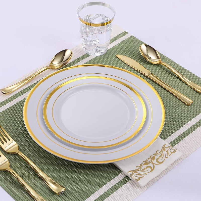 FOCUSLINE 120Pcs Gold Plastic Plates  Disposable White and Gold Rim Plastic Plates  Including 60 10Inch Dinner Plates  60 7Inch Dessert Plates  Elegant Fancy Heavy Duty Wedding Party Plates - Image 5