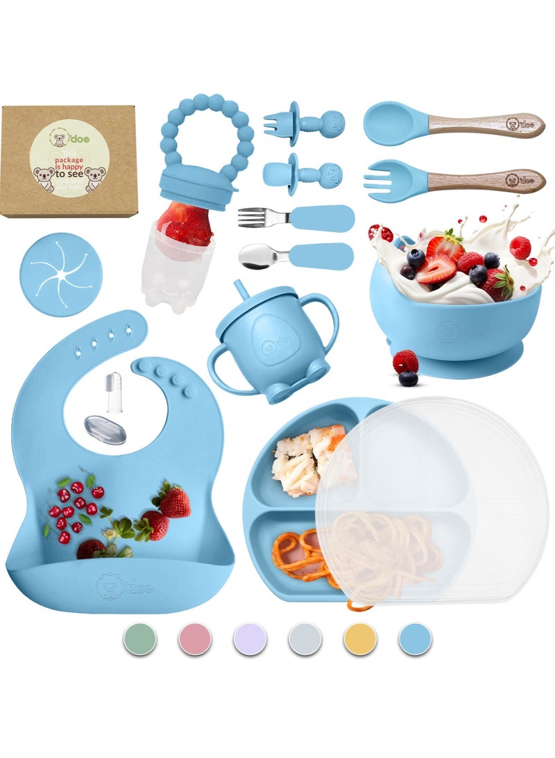 أودو لوازم تغذية الفطام للأطفال الصغار، مجموعة تغذية الطفل من O'doe | مجموعة أدوات تناول الطعام الذاتية من السيليكون مع ملاعق ومرايل ومجموعة ملاعق للأطفال الصغار | طقم أطباق طعام الرضع | مجموعة من 17 - Image 1