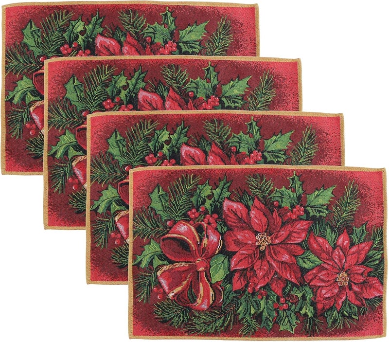 Violet Linen Violet Linen Decorative Christmas Poinsettias Design Tapestry 13 X 19 Placemats  Set of 4  - Image 2