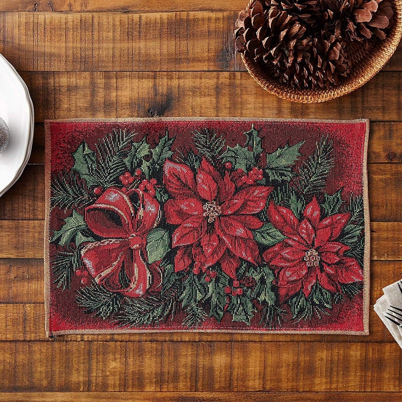 Violet Linen Violet Linen Decorative Christmas Poinsettias Design Tapestry 13 X 19 Placemats  Set of 4  - Image 3