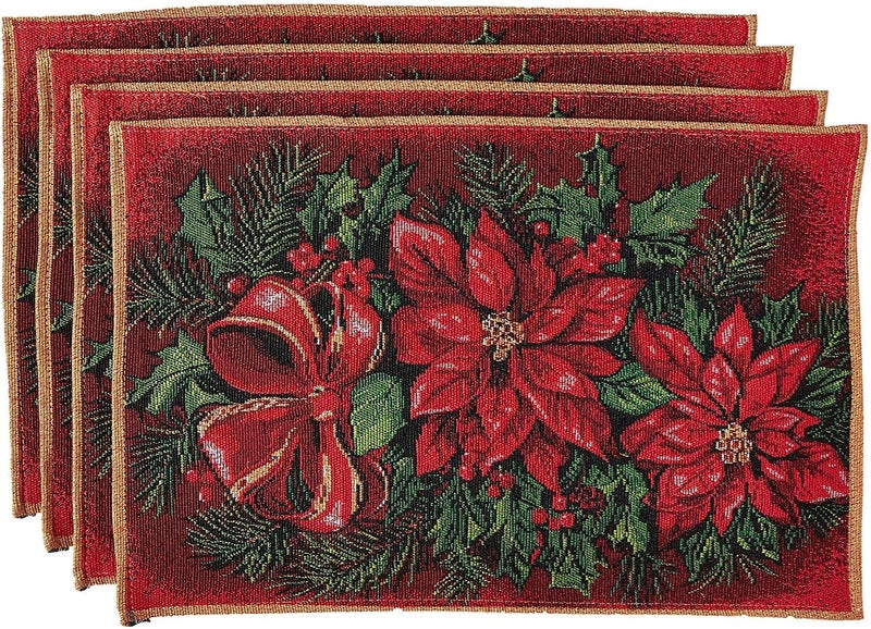 Violet Linen Violet Linen Decorative Christmas Poinsettias Design Tapestry 13 X 19 Placemats  Set of 4  - Image 1