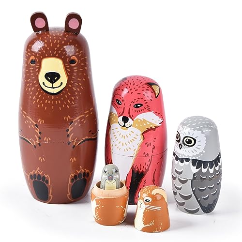 Tngan Russian Nesting Dolls 5 Pcs 6 Tall Animal Nesting Easter Eggs Toys Stacking Wooden Handmade Matryoshka Dolls for Kids Toddlers Birthday or Home Decoration Gift Bear - Image 1