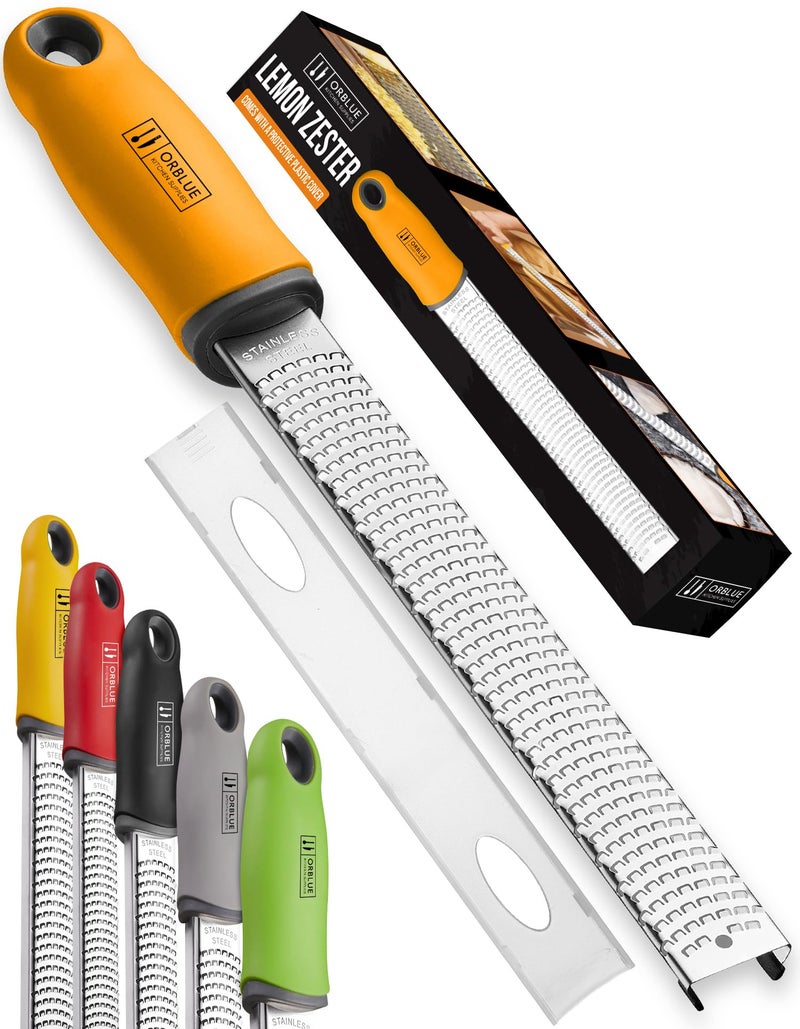 Orblue Lemon Zester Cheese Grater Premium Citrus Zester Kitchen Grater for Parmesan Chocolate Fruits Vegetables Ginger Garlic Nutmeg Stainless Steel Blades with Protective Cover Orange