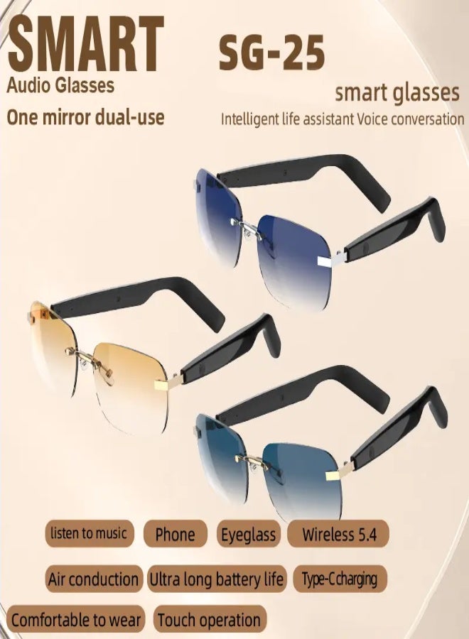 SG25 Smart Audio Glasses with Touch Control, Bluetooth Wireless Connection, Built-in Microphone, HD Sound Quality, Long Battery Life, Type-C Charging, for Music, Calls & Voice Assistant – Lightweight Stylish Frames , Gradiant Brown Lens - Image 2