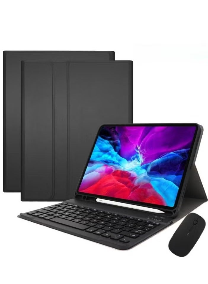 حافظة لوحة مفاتيح ثنائية اللغة لجهاز iPad Air الجيل الخامس 2022/iPad Air الجيل الرابع 2020 مقاس 10.9 بوصة/iPad Pro مقاس 11 بوصة (2022/2021/2020/2018)/iPad Air الجيل السادس مقاس 11 بوصة M2 2024/iPad Air الجيل السابع مقاس 11 بوصة M3 2025، غطاء ذكي رفيع من الجلد مع لوحة مفاتيح لاسلكية قابلة للفصل وحامل قلم وماوس