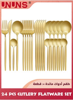 UNUNS 24 Pcs Flatware Set,410 Stainless Steel Knife Fork Spoon Set,Silverware Cutlery Set,Home Dinnerware Tableware Set For 6,Utensils Set Basics Tableware,Mirror Finish,Dishwasher Safe,Gold  - Image 1