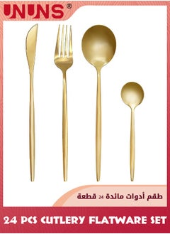 UNUNS 24 Pcs Flatware Set,410 Stainless Steel Knife Fork Spoon Set,Silverware Cutlery Set,Home Dinnerware Tableware Set For 6,Utensils Set Basics Tableware,Mirror Finish,Dishwasher Safe,Gold  - Image 2