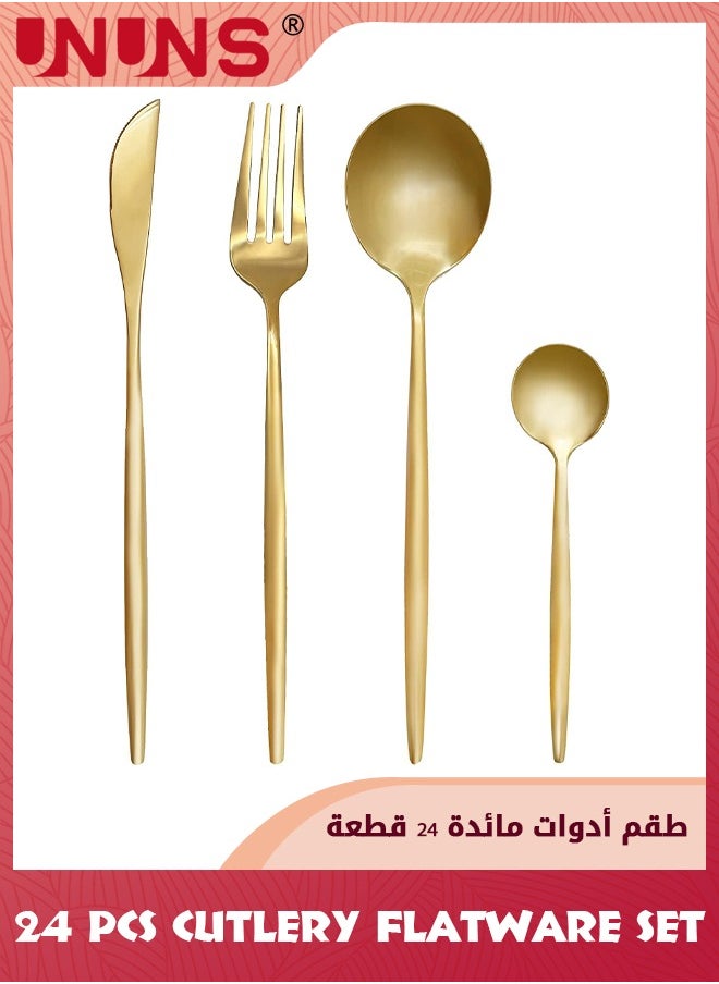 UNUNS - 24 Pcs Flatware Set,410 Stainless Steel Knife Fork Spoon Set,Silverware Cutlery Set,Home Dinnerware Tableware Set For 6,Utensils Set Basics Tableware,Mirror Finish,Dishwasher Safe,Gold - Image 1