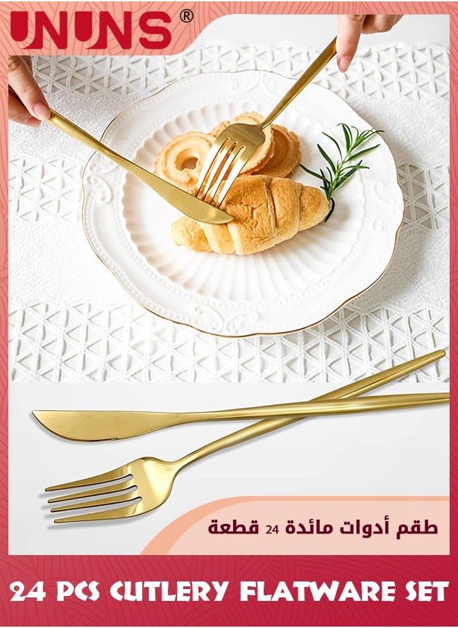UNUNS - 24 Pcs Flatware Set,410 Stainless Steel Knife Fork Spoon Set,Silverware Cutlery Set,Home Dinnerware Tableware Set For 6,Utensils Set Basics Tableware,Mirror Finish,Dishwasher Safe,Gold - Image 1