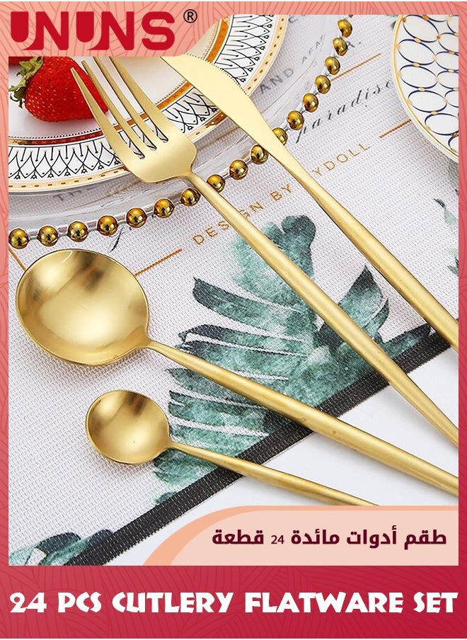 UNUNS - 24 Pcs Flatware Set,410 Stainless Steel Knife Fork Spoon Set,Silverware Cutlery Set,Home Dinnerware Tableware Set For 6,Utensils Set Basics Tableware,Mirror Finish,Dishwasher Safe,Gold - Image 1