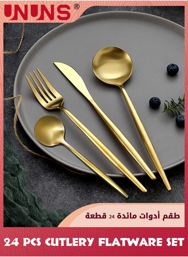 UNUNS - 24 Pcs Flatware Set,410 Stainless Steel Knife Fork Spoon Set,Silverware Cutlery Set,Home Dinnerware Tableware Set For 6,Utensils Set Basics Tableware,Mirror Finish,Dishwasher Safe,Gold - Image 1
