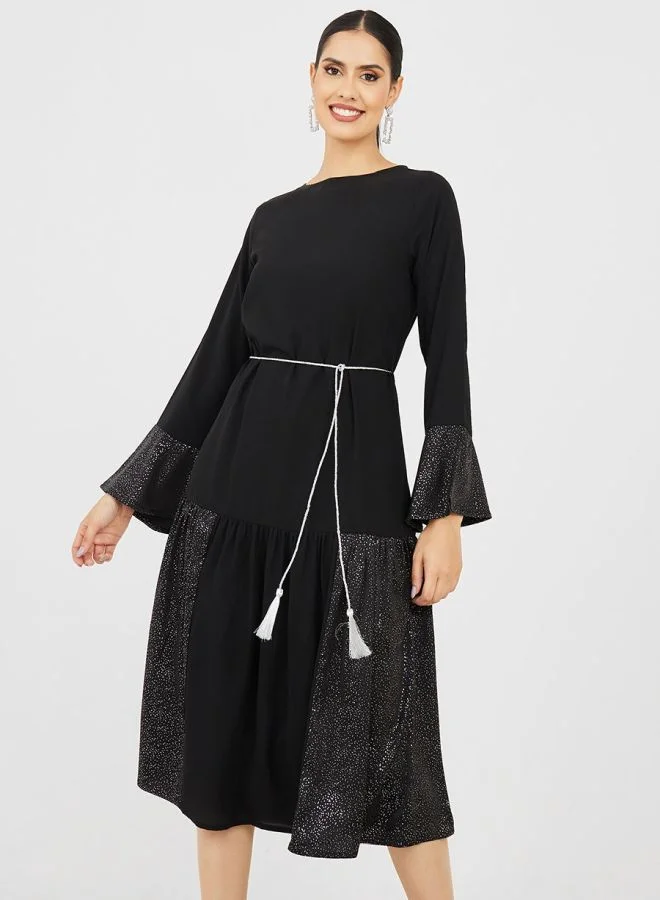 Styli Ditsy Print A-Line Midi Dress with Self Tie