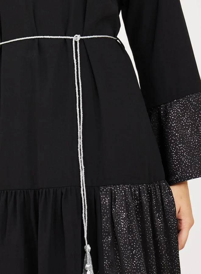 Styli Ditsy Print A-Line Midi Dress with Self Tie