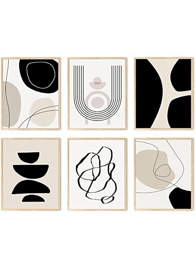 KBKBART مجموعة مطبوعات فنية جدارية بوهو تجريدية من 6 قطع، لوحة فنية جدارية بوهو هندسية بسيطة باللونين الاسود والبني والبيج، صور لوحة فنية من القماش بنمط منتصف القرن، ملصقات حائط لغرفة النوم وغرفة المعيشة - Image 1