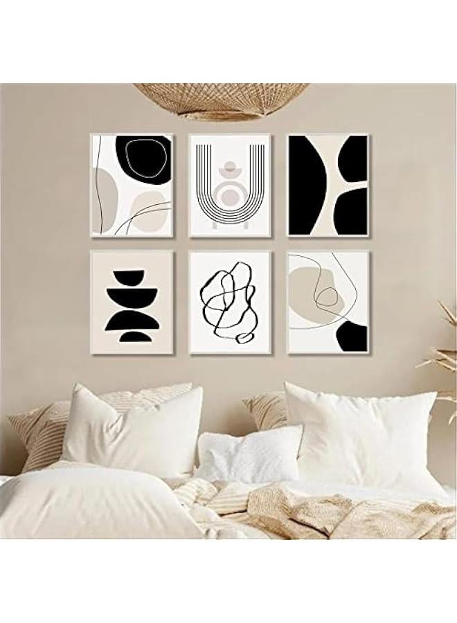 KBKBART مجموعة مطبوعات فنية جدارية بوهو تجريدية من 6 قطع، لوحة فنية جدارية بوهو هندسية بسيطة باللونين الاسود والبني والبيج، صور لوحة فنية من القماش بنمط منتصف القرن، ملصقات حائط لغرفة النوم وغرفة المعيشة - Image 3