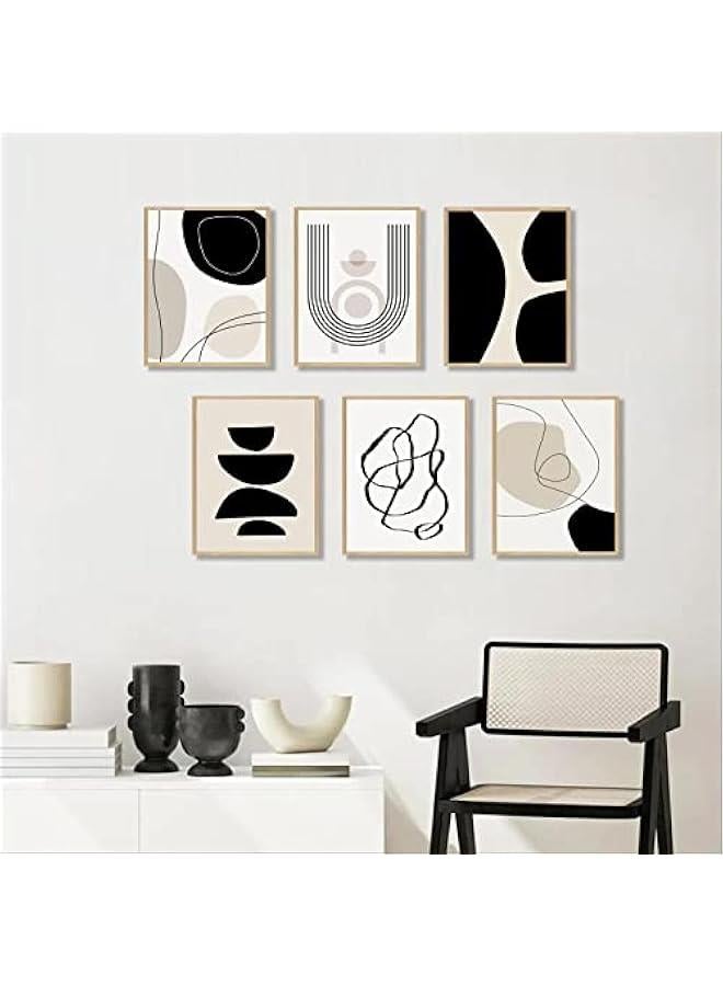 KBKBART مجموعة مطبوعات فنية جدارية بوهو تجريدية من 6 قطع، لوحة فنية جدارية بوهو هندسية بسيطة باللونين الاسود والبني والبيج، صور لوحة فنية من القماش بنمط منتصف القرن، ملصقات حائط لغرفة النوم وغرفة المعيشة - Image 4