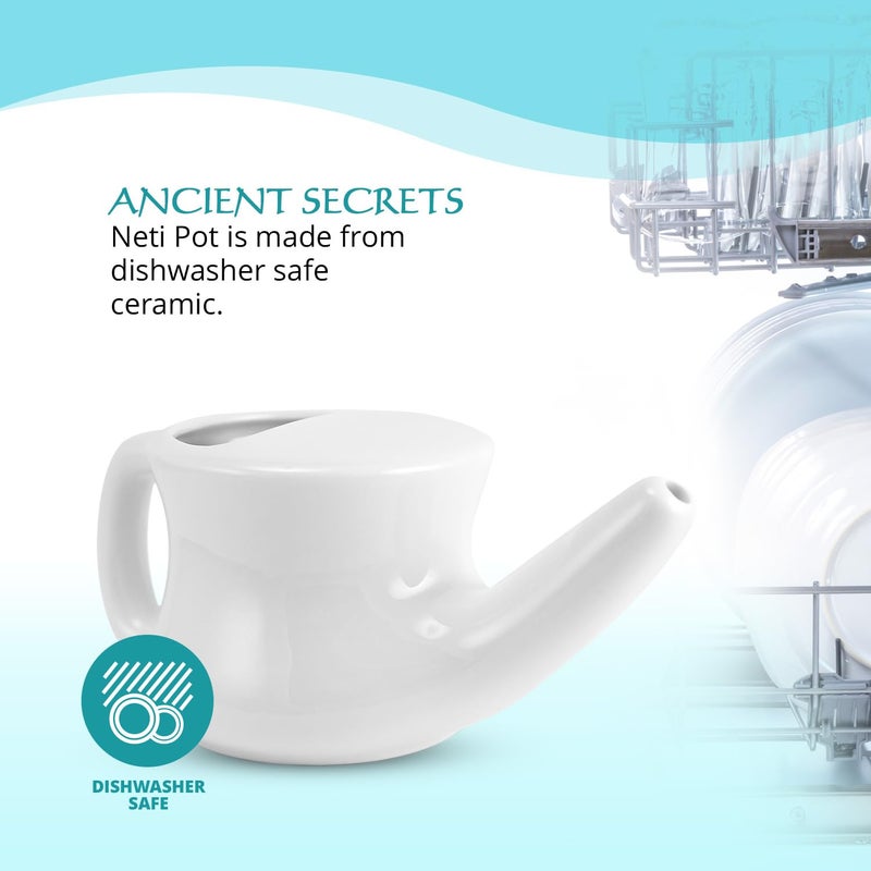 ANCIENT SECRETS وعاء نيتى من أسرار القدماء لشطف الجيوب الأنفية + عبوة ملح تنظيف مسبقة القياس - نموذج خزفي آمن في غسالة الصحون، تصميم مريح مسجل براءة اختراع، وعاء تنظيف أنفي، ري أنفي - Image 5