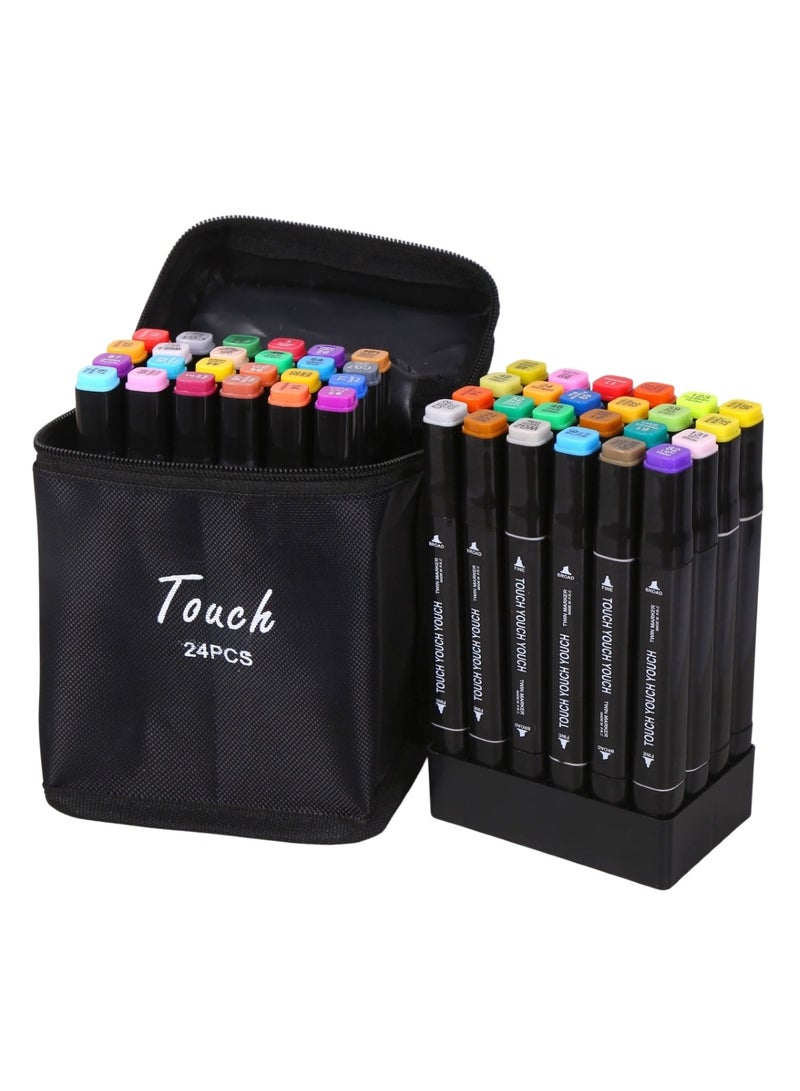 Touch 24pcs Dual Tip Markers Set, Assorted Colors Stylish Black Body with Black Cloth Bag - Image 1