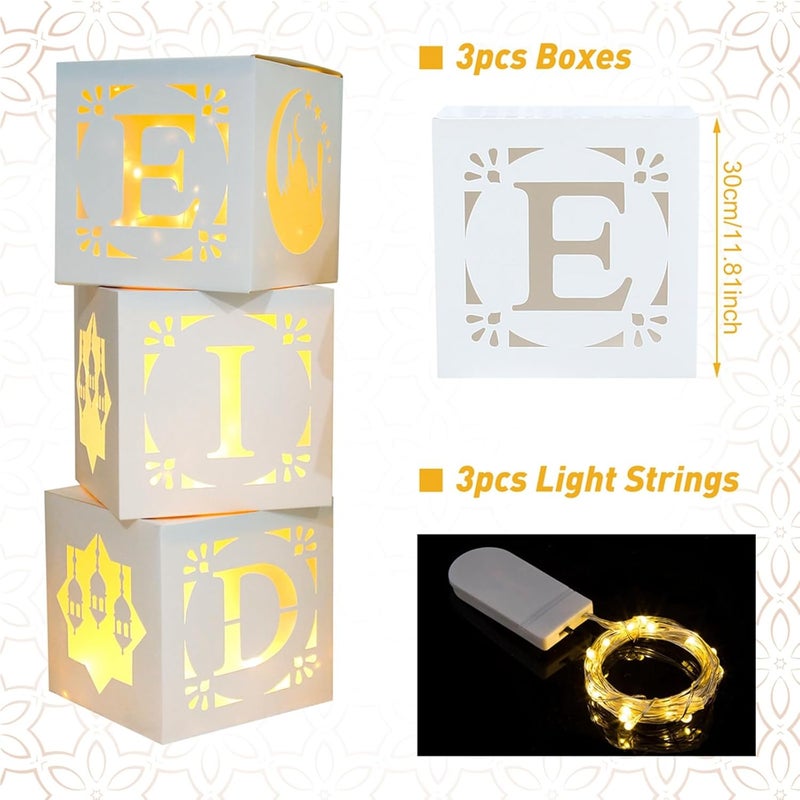 FengRise EID Decoration Boxes with Warm Light - 3pcs White Hollow-out Paper Boxes for Eid al-Fitr and Ramadan - Image 3