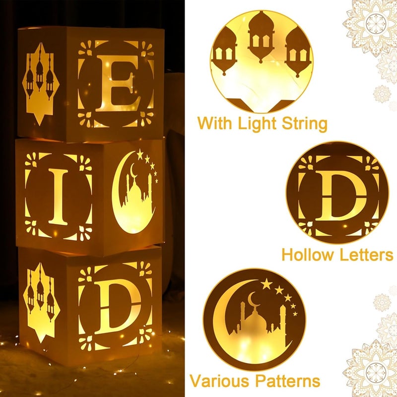FengRise EID Decoration Boxes with Warm Light - 3pcs White Hollow-out Paper Boxes for Eid al-Fitr and Ramadan - Image 4