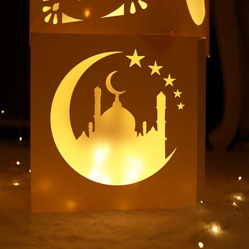 FengRise EID Decoration Boxes with Warm Light - 3pcs White Hollow-out Paper Boxes for Eid al-Fitr and Ramadan - Image 2