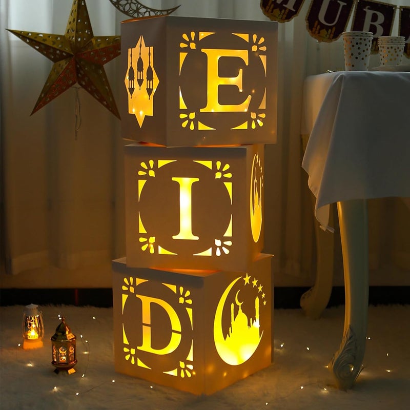 FengRise EID Decoration Boxes with Warm Light - 3pcs White Hollow-out Paper Boxes for Eid al-Fitr and Ramadan - Image 5