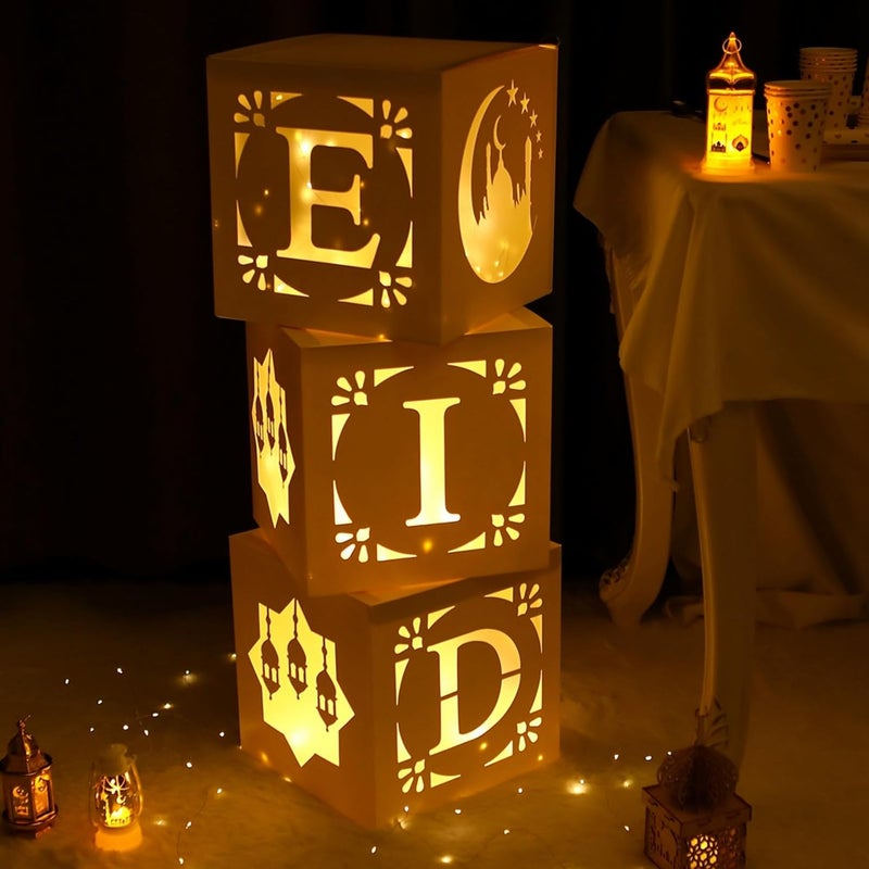 FengRise EID Decoration Boxes with Warm Light - 3pcs White Hollow-out Paper Boxes for Eid al-Fitr and Ramadan - Image 1
