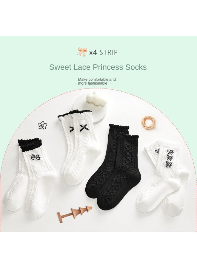 Fenton Sale At Rock-bottom Price [4 Pairs] Sweet Princess Style White Cotton Socks For Kindergarten Girls, Children's Dance Socks - Image 2