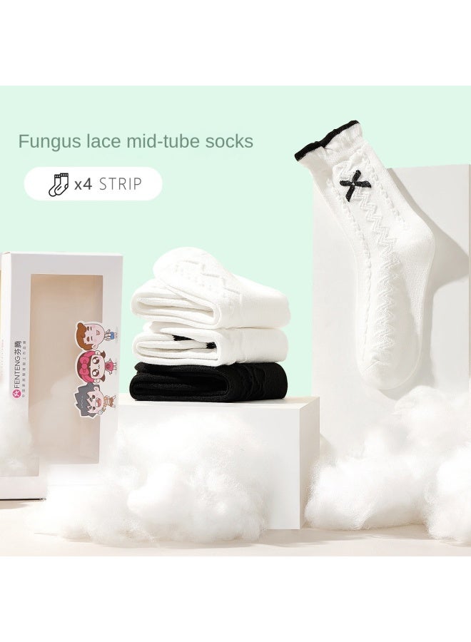 Fenton Sale At Rock-bottom Price [4 Pairs] Sweet Princess Style White Cotton Socks For Kindergarten Girls, Children's Dance Socks - Image 3