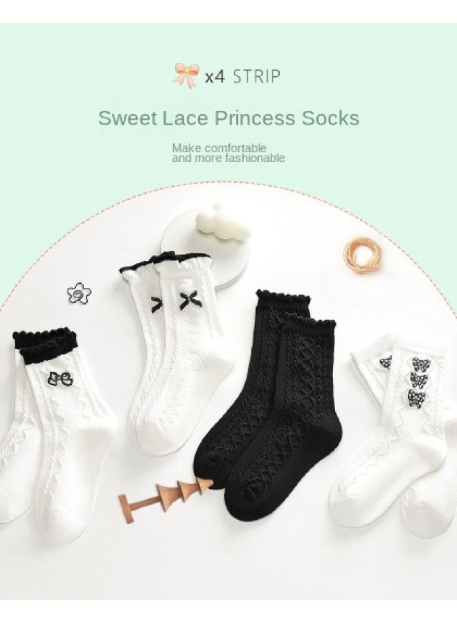 Fenton Sale At Rock-bottom Price [4 Pairs] Sweet Princess Style White Cotton Socks For Kindergarten Girls, Children's Dance Socks - Image 1