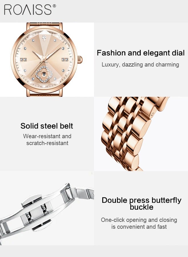 roaiss Women's Stainless Steel Strap Quartz Watch, Analog Display Round Dial with Rhinestones Decoration, Fashionable Waterproof Luminous Wristwatch as Gift for Ladies - Image 5