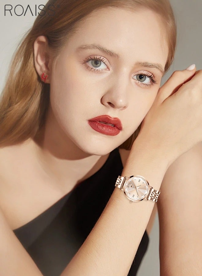 roaiss Women's Stainless Steel Strap Quartz Watch, Analog Display Round Dial with Rhinestones Decoration, Fashionable Waterproof Luminous Wristwatch as Gift for Ladies - Image 2